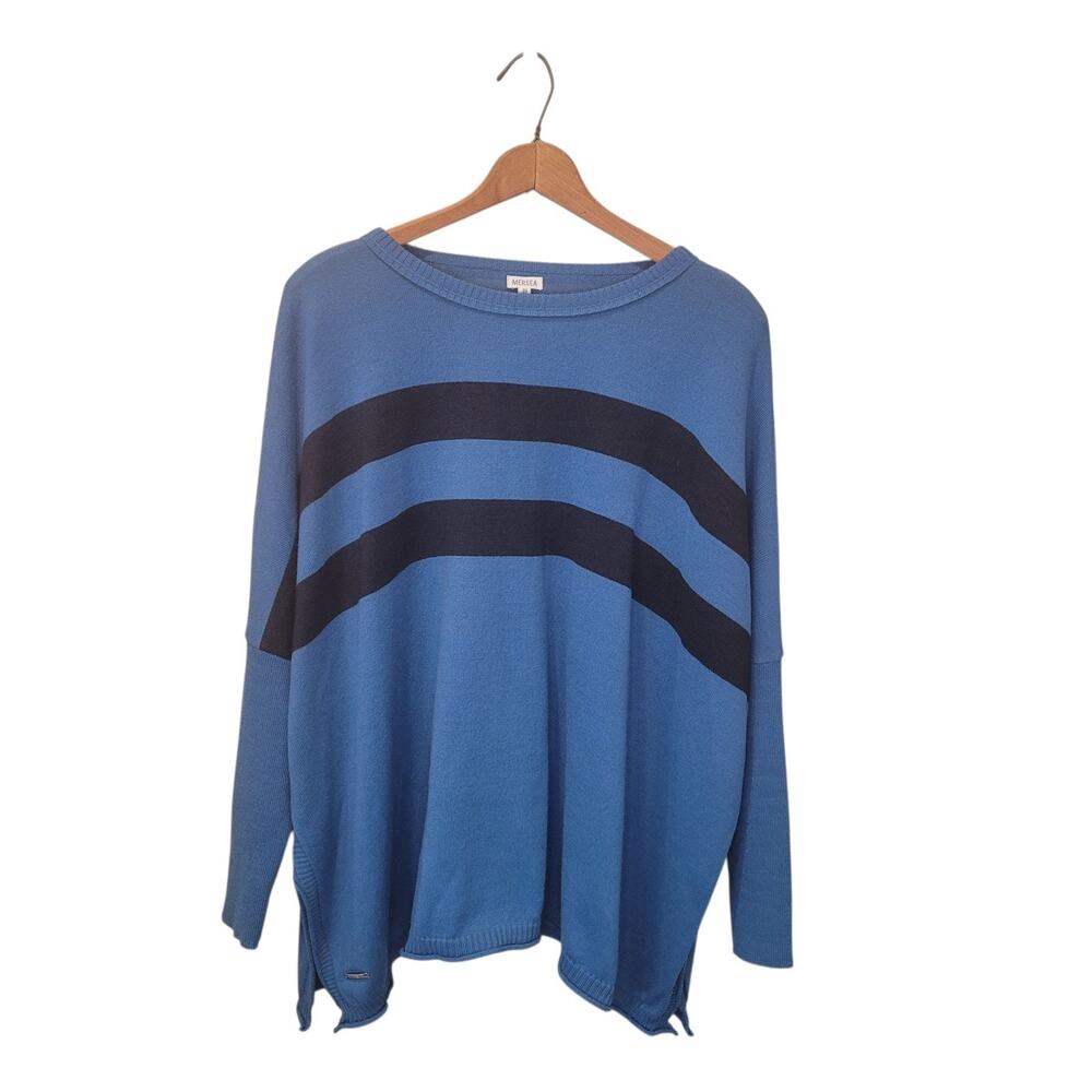 Relaxed Blue Crewneck Sweater with Navy Stripes